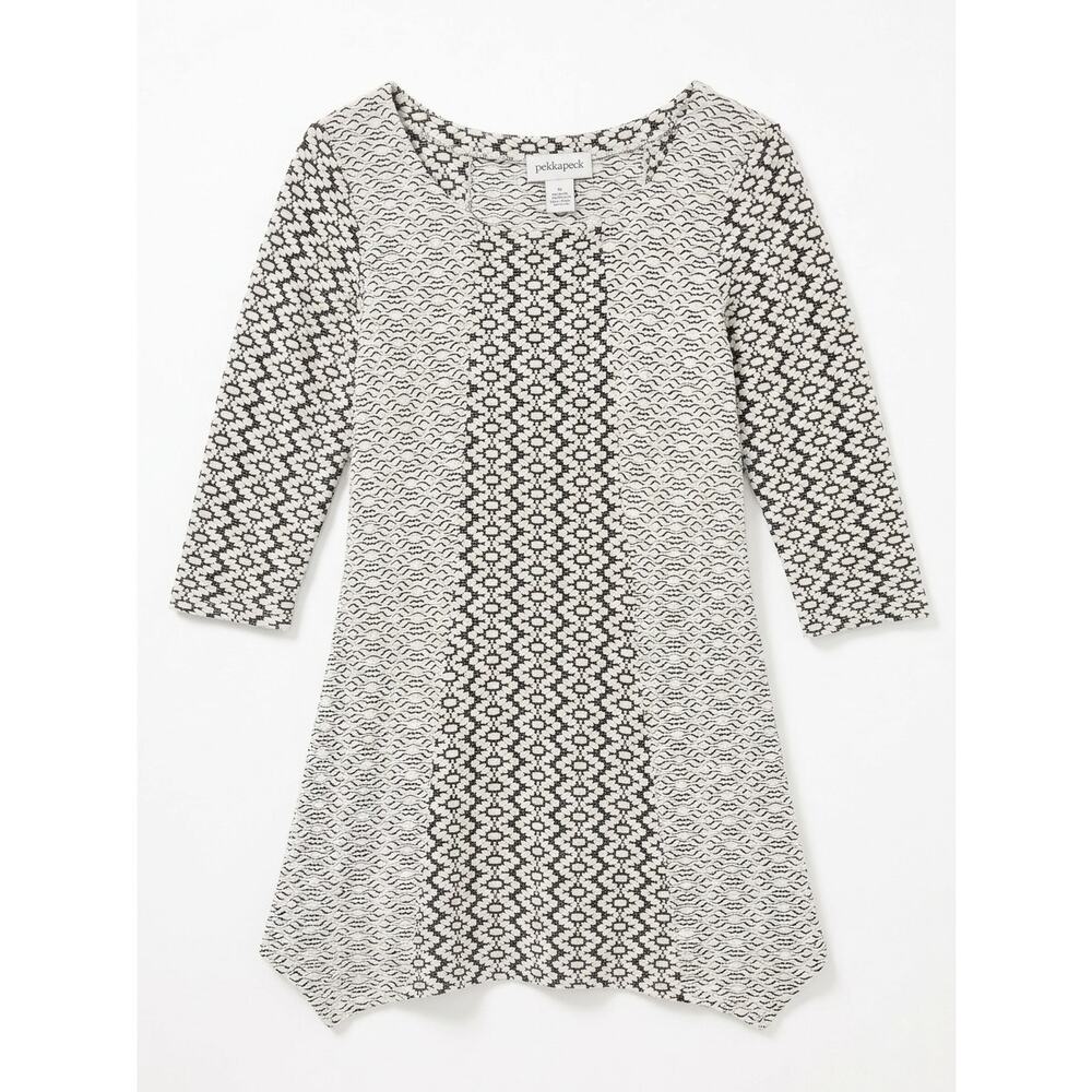Peck & Peck Black & White Geometric Knit Sharkbite Hem Tunic Dress 3/4 Sleeve PS